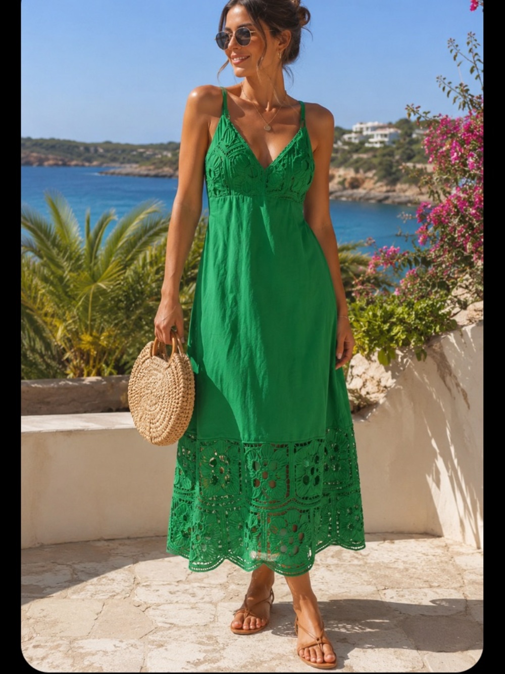 NWT Invitee Vibrant Green Cotton Cutout Embroidered Boho Maxi Dress XS